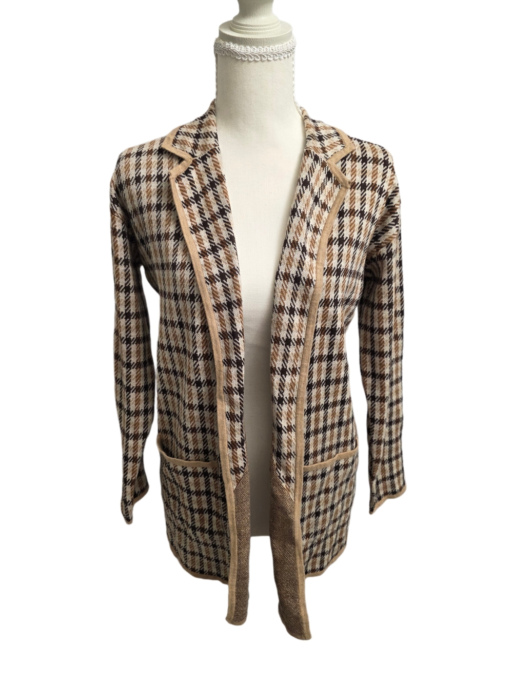 LOFT Plaid Open Front Cardigan in Beige, Black, Cream Size XSP